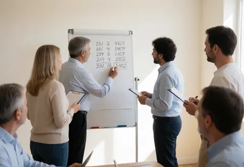 Des comptables analysent des chiffres financiers inscrits sur un tableau blanc dans une salle de réunion éclairée par la lumière naturelle.
