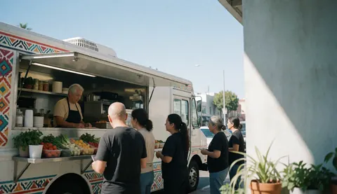 Un camion de nourriture avec des clients attendant, montrant des légumes frais sur le comptoir, dans une cour urbaine ensoleillée.