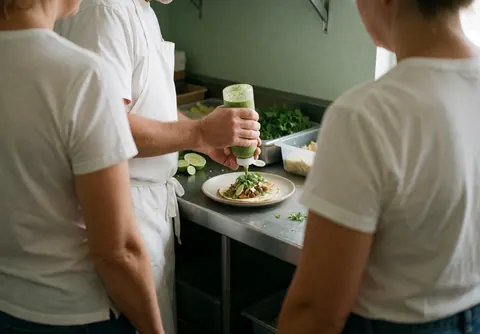 Un chef prépare un taco en y versant de la salsa verte, dans un stand de nourriture avec des ingrédients frais et un mur vert pâle en arrière-plan.