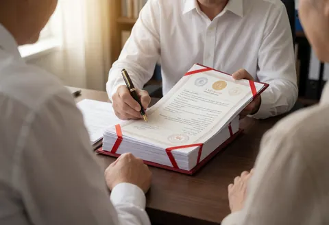 Un professionnel signe des documents comptables dans un bureau éclairé par la lumière naturelle, avec un stylo et des tampons visibles sur le bureau en bois.