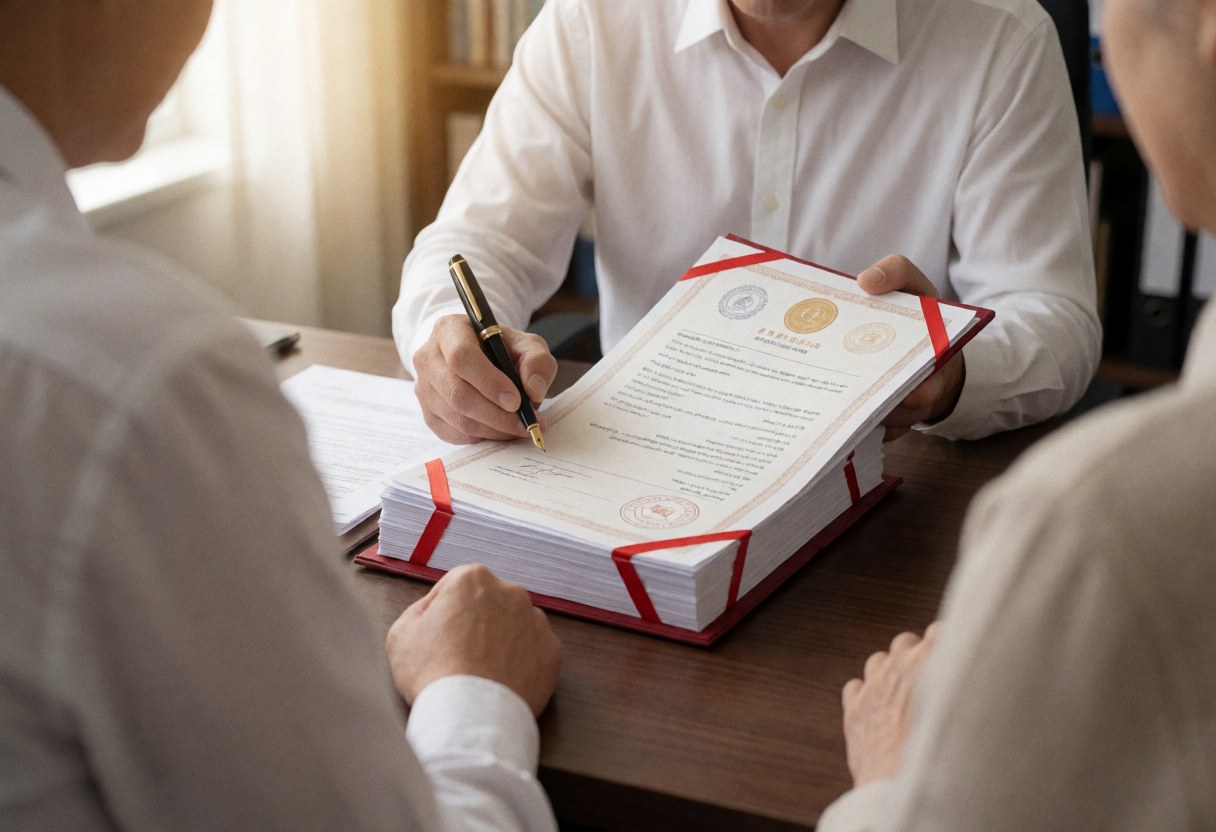 Un professionnel signe des documents comptables dans un bureau éclairé par la lumière naturelle, avec un stylo et des tampons visibles sur le bureau en bois.