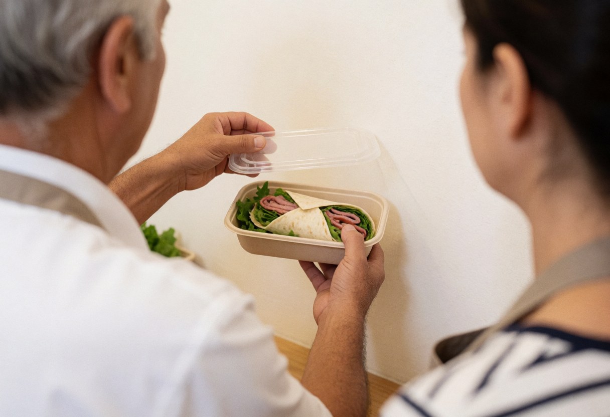 Un employé place un couvercle sur un contenant alimentaire, sur un fond blanc, illustrant le service de repas.