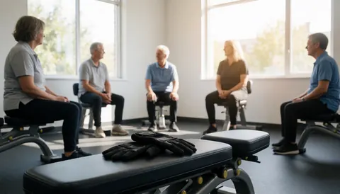 Des seniors assis sur des bancs dans une salle de sport, avec des gants de fitness en premier plan, des murs blancs et une lumière naturelle entrant par les fenêtres.