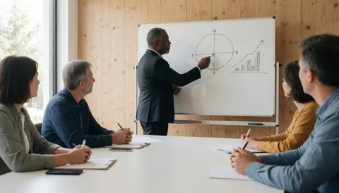 Comptable professionnel expliquant un diagramme financier sur un tableau blanc devant une table de réunion avec des clients dans un bureau.