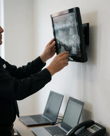 Un agent de sécurité ajuste un moniteur de sécurité mural dans un apart-hôtel, avec des ordinateurs portables et un téléphone sur le bureau.