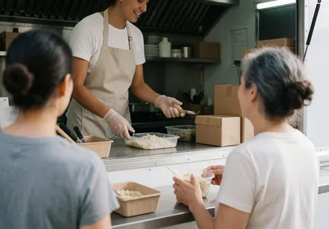 Personnel servant des repas dans un food truck, clients recevant leurs commandes, comptoir propre avec des cartons.