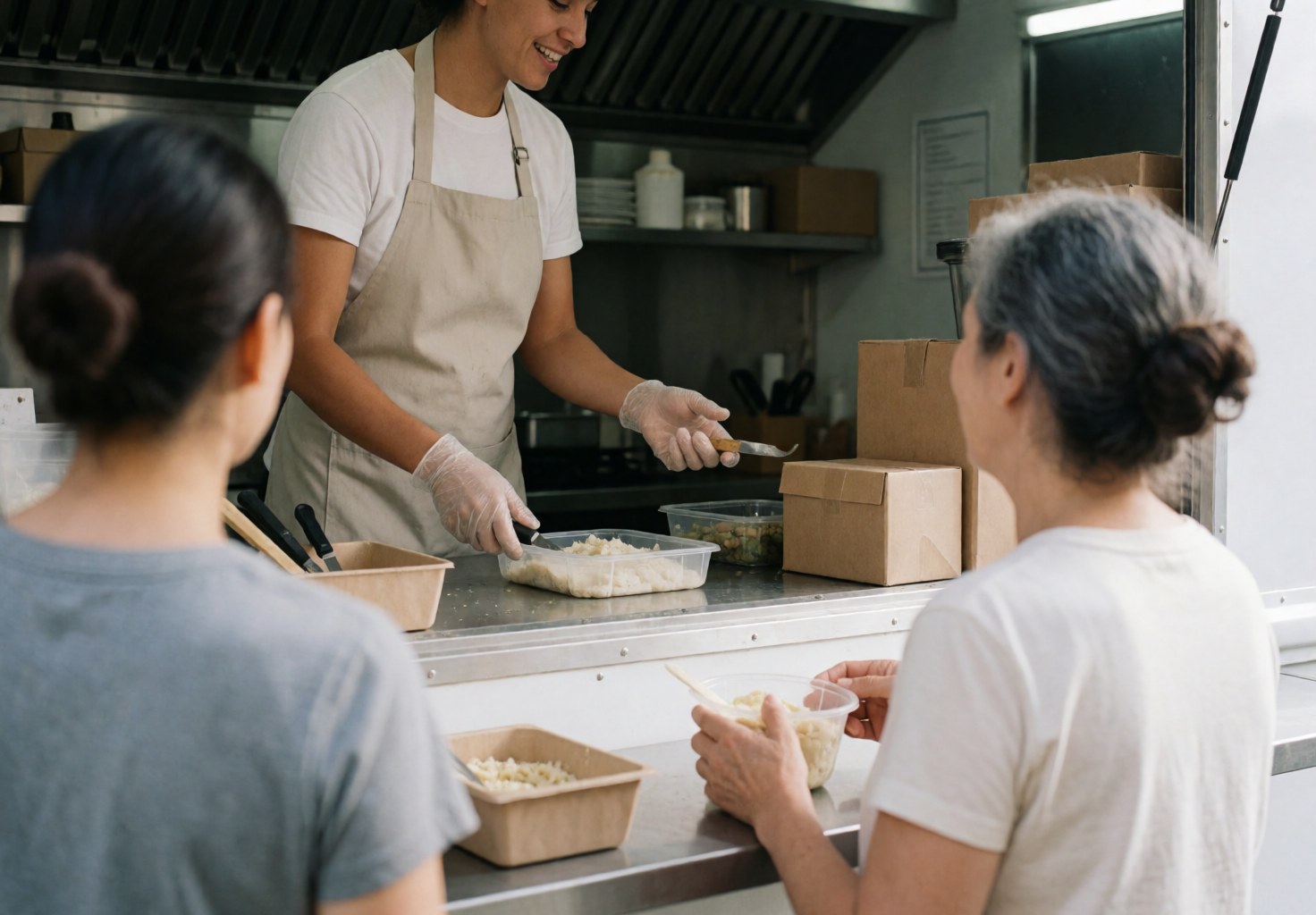 Personnel servant des repas dans un food truck, clients recevant leurs commandes, comptoir propre avec des cartons.