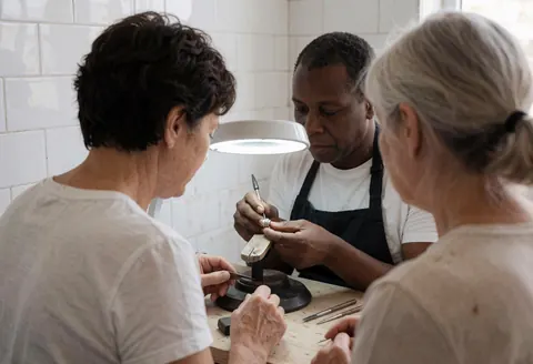Un bijoutier répare une bague sous une lumière vive tandis que deux clients observent son travail dans un atelier aux murs carrelés de blanc.