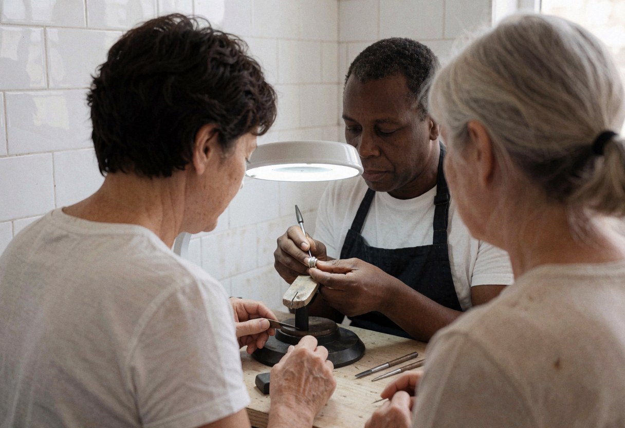Un bijoutier répare une bague sous une lumière vive tandis que deux clients observent son travail dans un atelier aux murs carrelés de blanc.