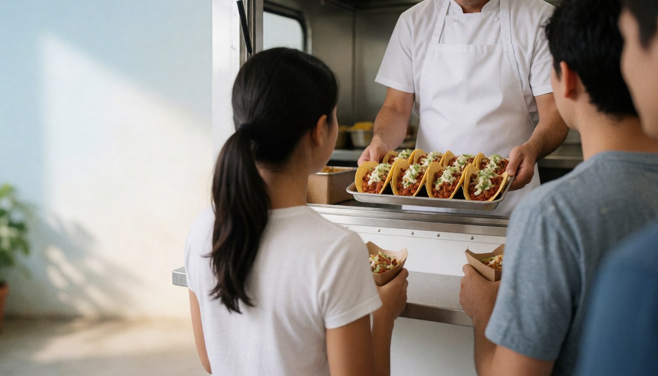 Un chef prépare et sert des tacos al pastor à des clients dans un food truck, baigné de lumière naturelle avec un fond clair.
