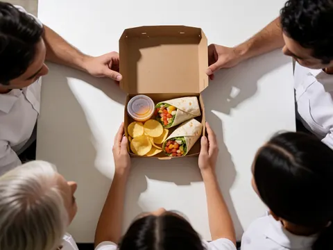 Mains tenant une boîte de repas contenant un wrap, des frites et une boisson sur une table blanche, repas à emporter.
