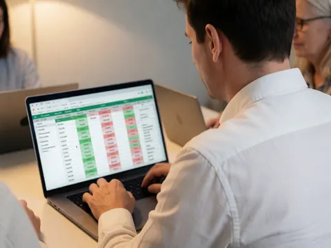 Un homme en chemise blanche utilise un ordinateur portable affichant des cellules vertes et rouges dans un bureau éclairé pour des services comptables.