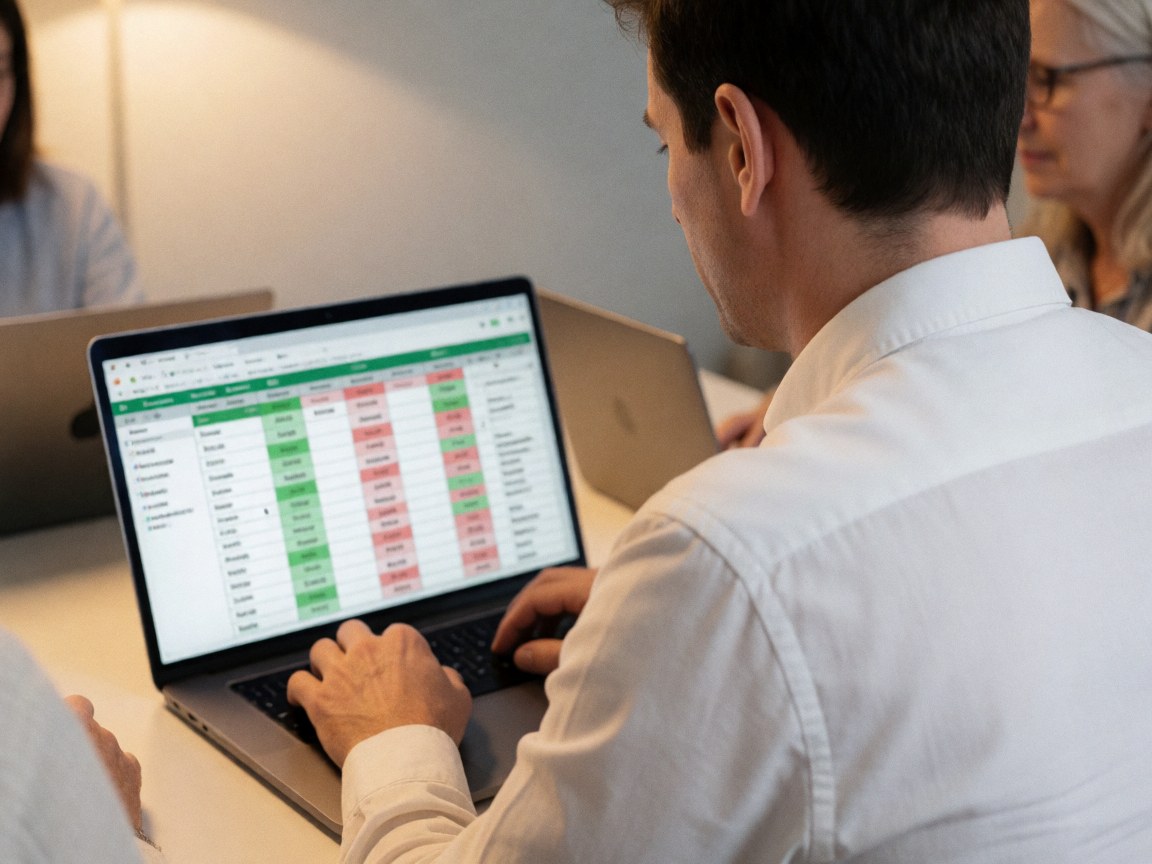 Un homme en chemise blanche utilise un ordinateur portable affichant des cellules vertes et rouges dans un bureau éclairé pour des services comptables.
