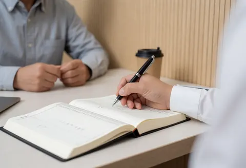 Une main tenant un stylo écrit des chiffres sur un carnet comptable posé sur un bureau en bois clair dans un environnement de bureau professionnel.