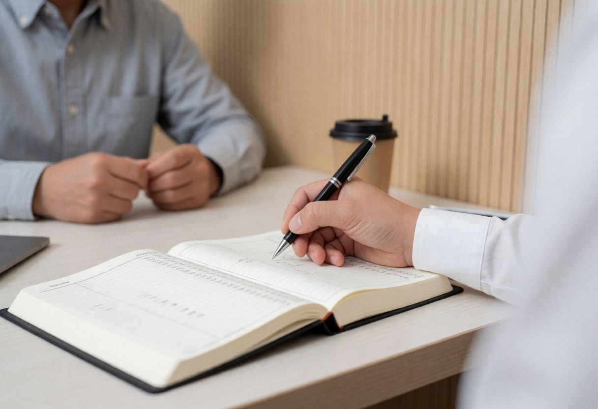Une main tenant un stylo écrit des chiffres sur un carnet comptable posé sur un bureau en bois clair dans un environnement de bureau professionnel.