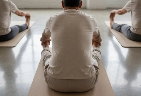 Trois adultes pratiquent des étirements assis sur des tapis de yoga posés sur un sol en béton poli dans un gymnase.