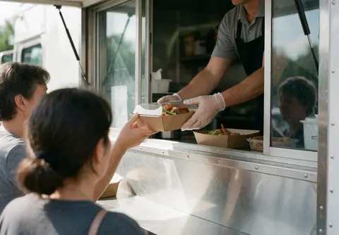 Une main portant un gant de protection remet une boîte de repas à un client depuis un camion de restauration rapide, illustrant un service hygiénique et efficace.