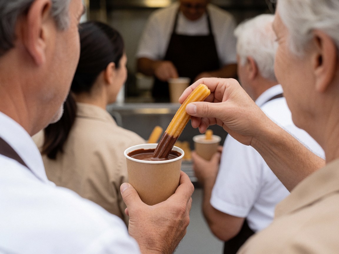 Une main immergée dans du chocolat chaud avec un churro, scène réaliste et appétissante.