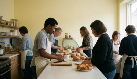Personnel travaillant derrière le comptoir d'une boulangerie aux murs jaunes, en train de découper des croissants frais avec un couteau.