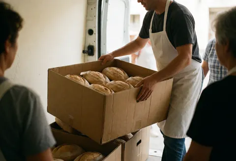 Un employé de boulangerie charge une caisse de pains dans une camionnette, avec des murs blancs et une lumière naturelle.