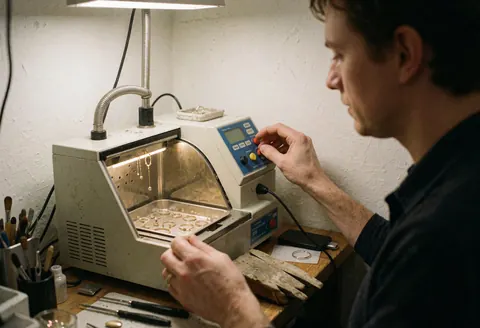 Un jeune orfèvre ajuste les commandes d'une machine de nettoyage ultrasonique avec des bagues en or dans un atelier.
