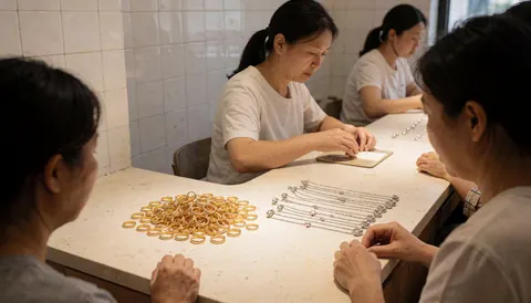 Trois femmes travaillent dans un atelier de joaillerie avec des piles de bagues en or et des colliers en argent sur une table.