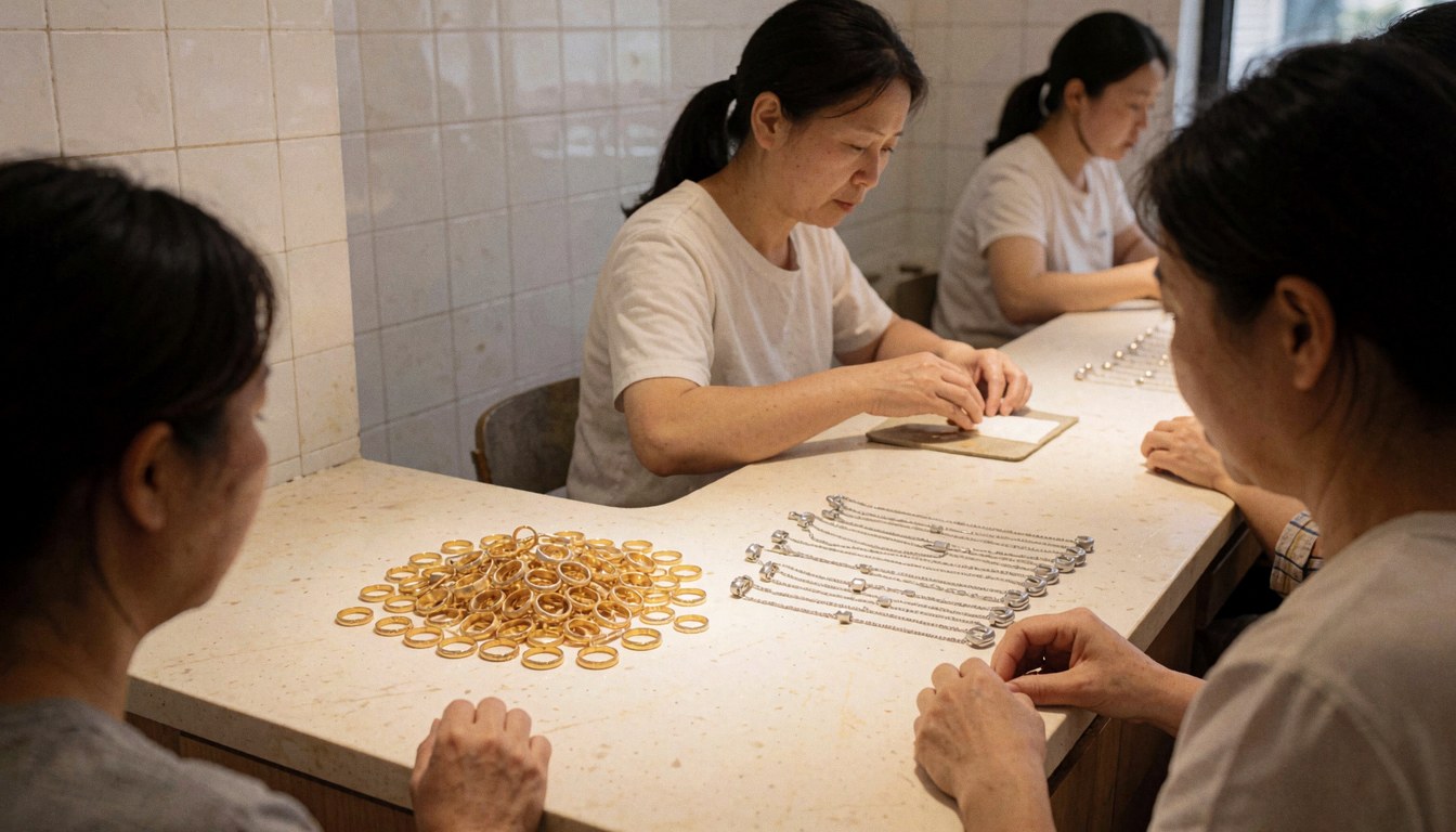 Trois femmes travaillent dans un atelier de joaillerie avec des piles de bagues en or et des colliers en argent sur une table.
