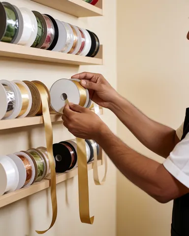 Des mains choisissant un ruban doré parmi d'autres rouleaux de rubans colorés sur une étagère dans un magasin de fleurs aux murs beige.