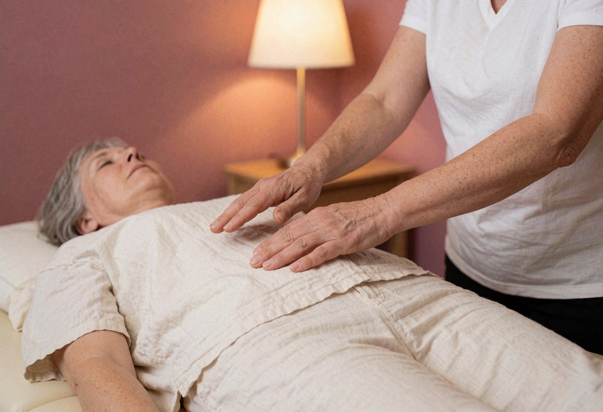 Praticien de reiki effectuant un soin sur le ventre d'un client allongé, avec un mur rose et une lumière chaleureuse en arrière-plan.