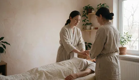 Deux femmes en vêtements de lin observent un thérapeute masser un client sur une table avec des couvertures blanches dans un intérieur beige avec plantes.