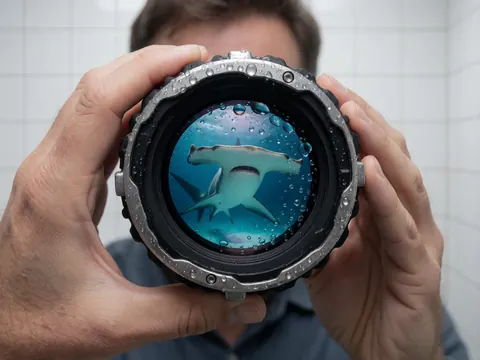Photographe sous-marin tenant un objectif de caméra montrant un requin marteau dans l'océan, avec des gouttes d'eau et des murs de carreaux blancs.