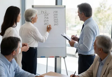 Une comptable écrit des données financières sur un tableau blanc devant un groupe de professionnels dans un bureau moderne éclairé par la lumière naturelle.