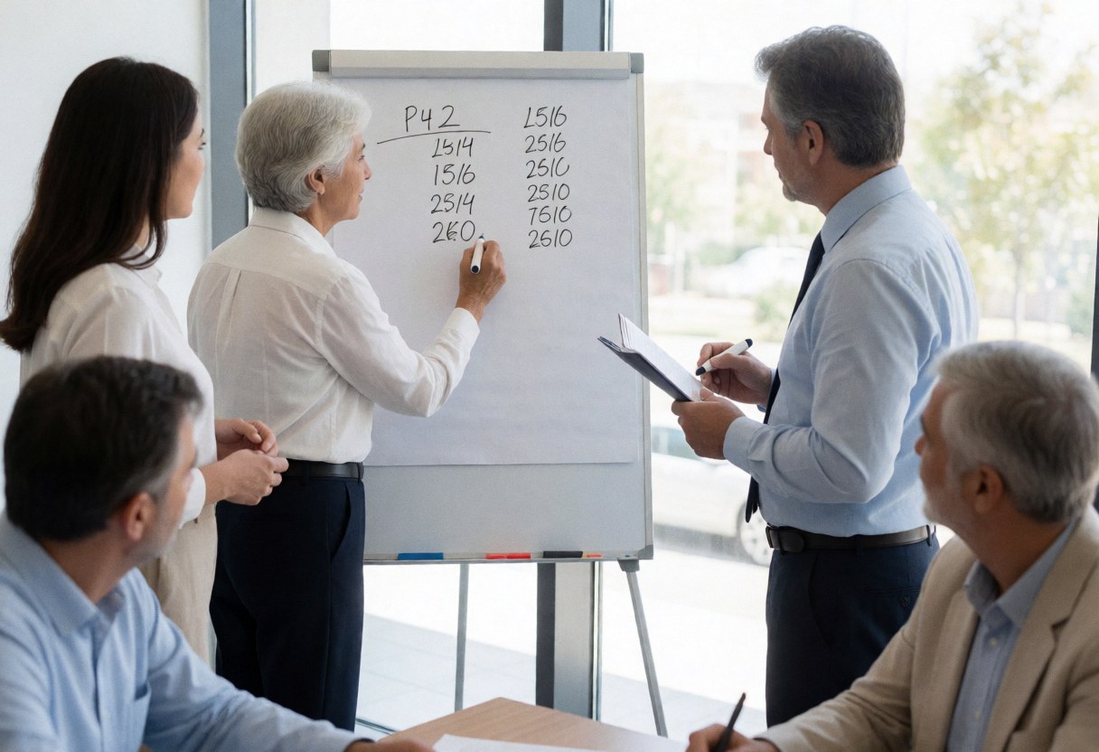 Une comptable écrit des données financières sur un tableau blanc devant un groupe de professionnels dans un bureau moderne éclairé par la lumière naturelle.