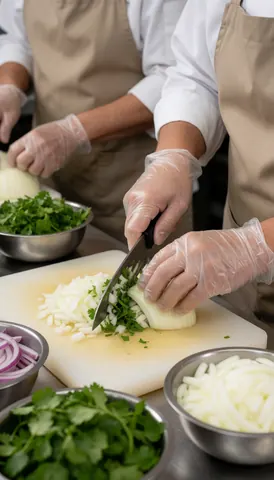 Des mains portant des gants coupent de l'oignon et de la coriandre sur une planche à découper dans une cuisine de restauration rapide avec des sacs d'ingrédients.