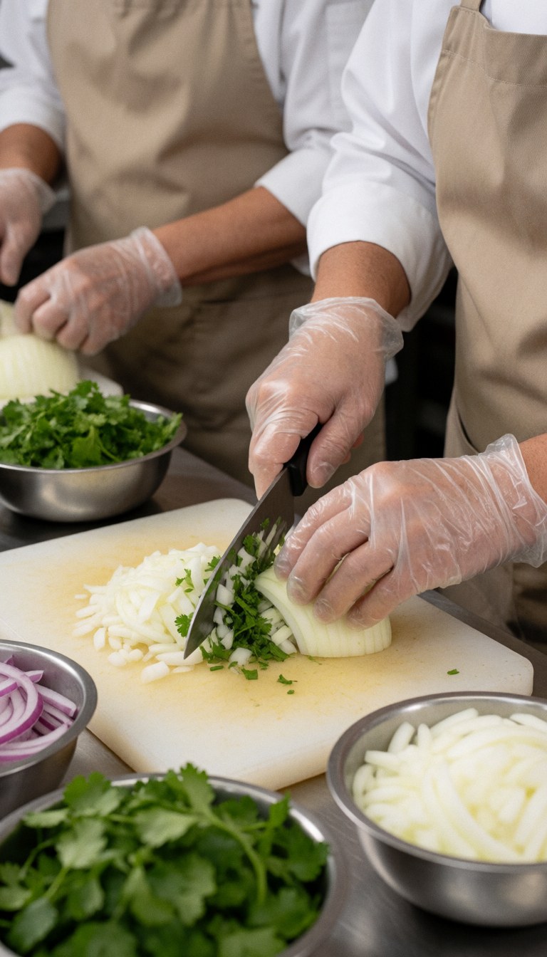 Des mains portant des gants coupent de l'oignon et de la coriandre sur une planche à découper dans une cuisine de restauration rapide avec des sacs d'ingrédients.