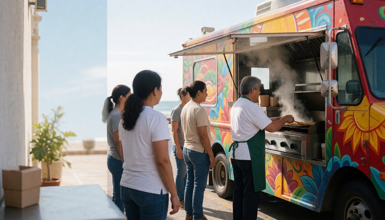 Un cuisinier prépare de la nourriture dans un food truck coloré face à la mer, tandis que des clients attendent en file d'attente.