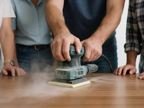 Une main utilise une ponceuse électrique pour polir une table en bois, tandis que d'autres mains observent le travail de finition.