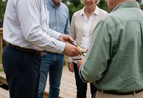 Un menuisier professionnel montre ses outils à un client lors d'une intervention sur un chantier en extérieur.
