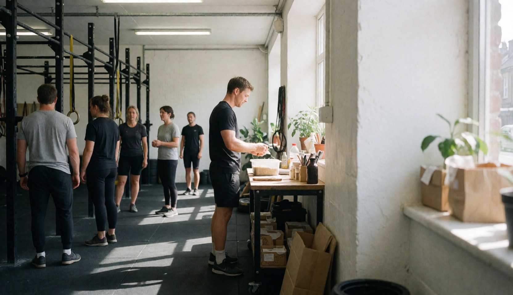 Un homme prépare de la nourriture sur une table près de fenêtres, tandis que d'autres adultes en tenue de sport observent dans un gymnase avec sol en caoutchouc et équipements.
