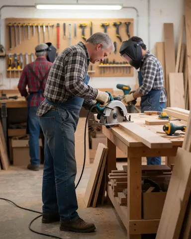 Un menuisier adulte coupe du bois avec une scie circulaire dans un atelier, des outils pendent au mur et d'autres travailleurs sont visibles en arrière-plan.
