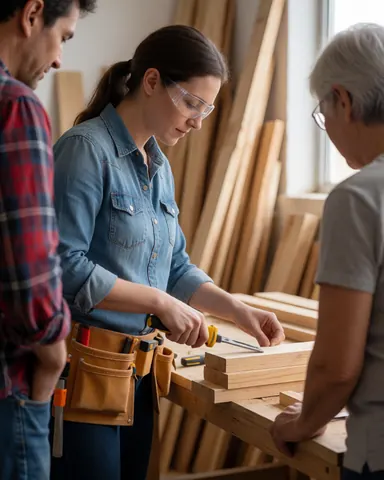 Une charpentière équipée de lunettes de sécurité et d'une ceinture à outils travaille sur des planches de bois dans un atelier, observée par deux personnes.