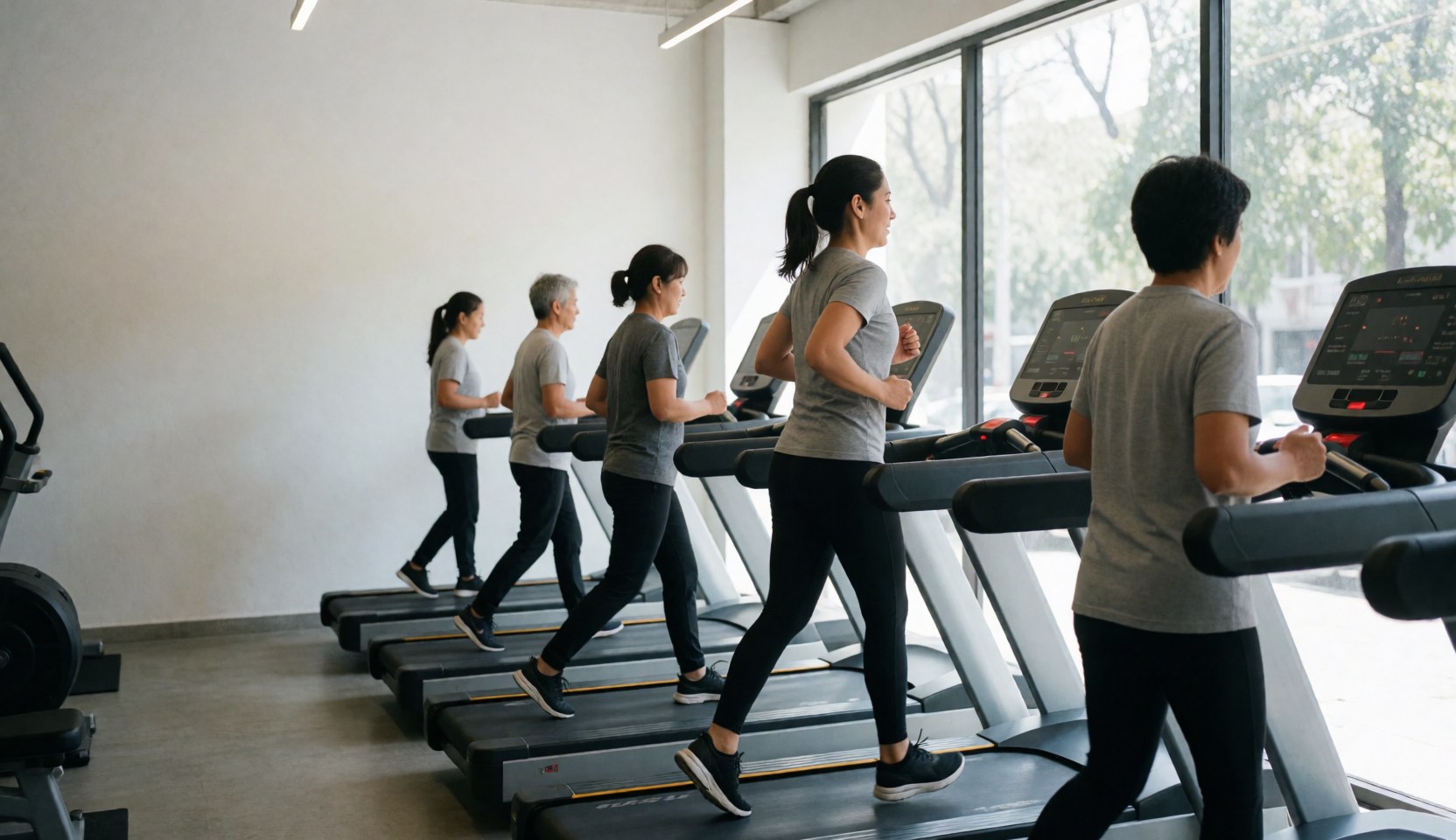 Des femmes effectuent un exercice cardiovasculaire sur des tapis de course dans un gymnase moderne baigné de lumière naturelle.