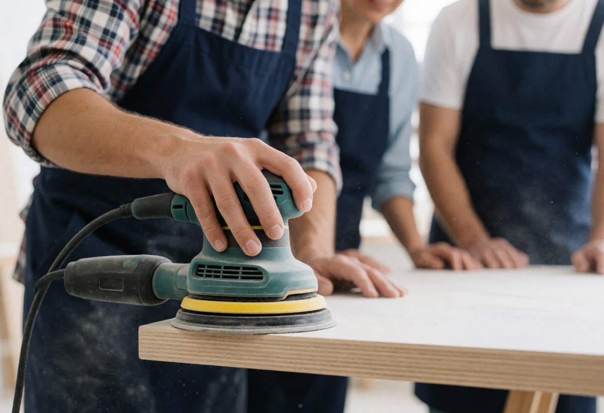Charpentier en tablier ponçant une planche de bois avec une ponceuse orbitale dans un atelier, poussière en suspension, autres travailleurs en arrière-plan.