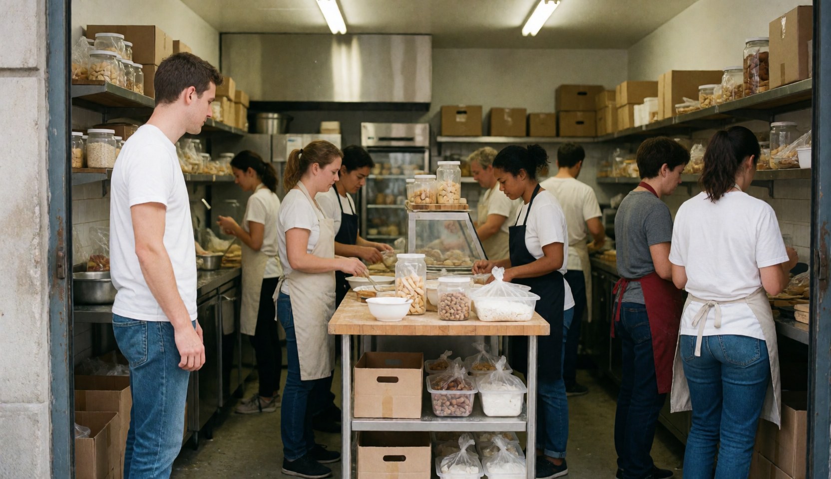 Personnel en action dans une boulangerie, préparant des gâteaux sur une table avec des ingrédients et du matériel de cuisine visibles.
