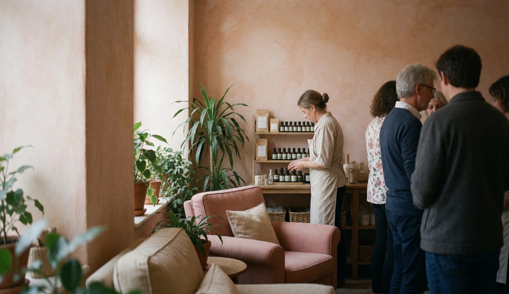 Des clientes regardent une thérapeute organiser des huiles dans un spa décoré de plantes et de fauteuils confortables.