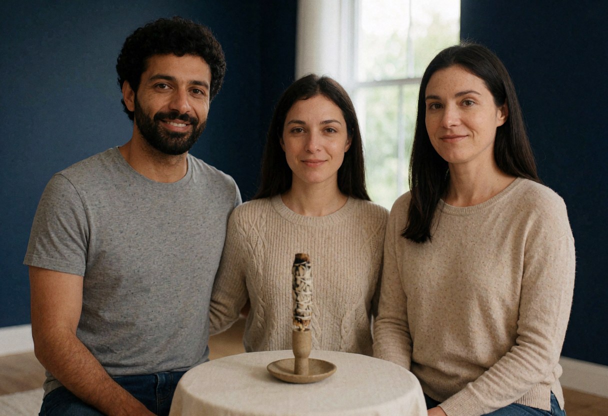 Trois personnes souriantes dans une pièce aux murs bleus, avec une table portant un bâton d'encens et une fenêtre laissant entrer la lumière naturelle.