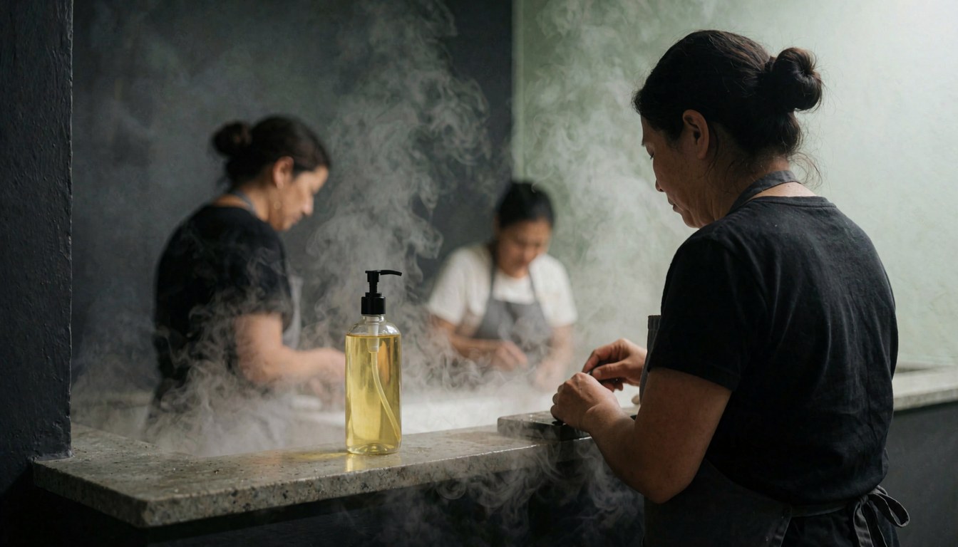 Un pot d'huile de massage émet de la vapeur dans un environnement de spa, illustrant un service de bien-être en cours.