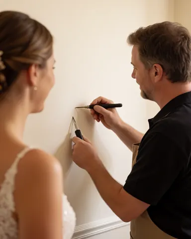 Une femme en robe de mariée observe une professionnelle qui travaille sur un mur avec des outils dans un environnement lumineux et chaleureux.