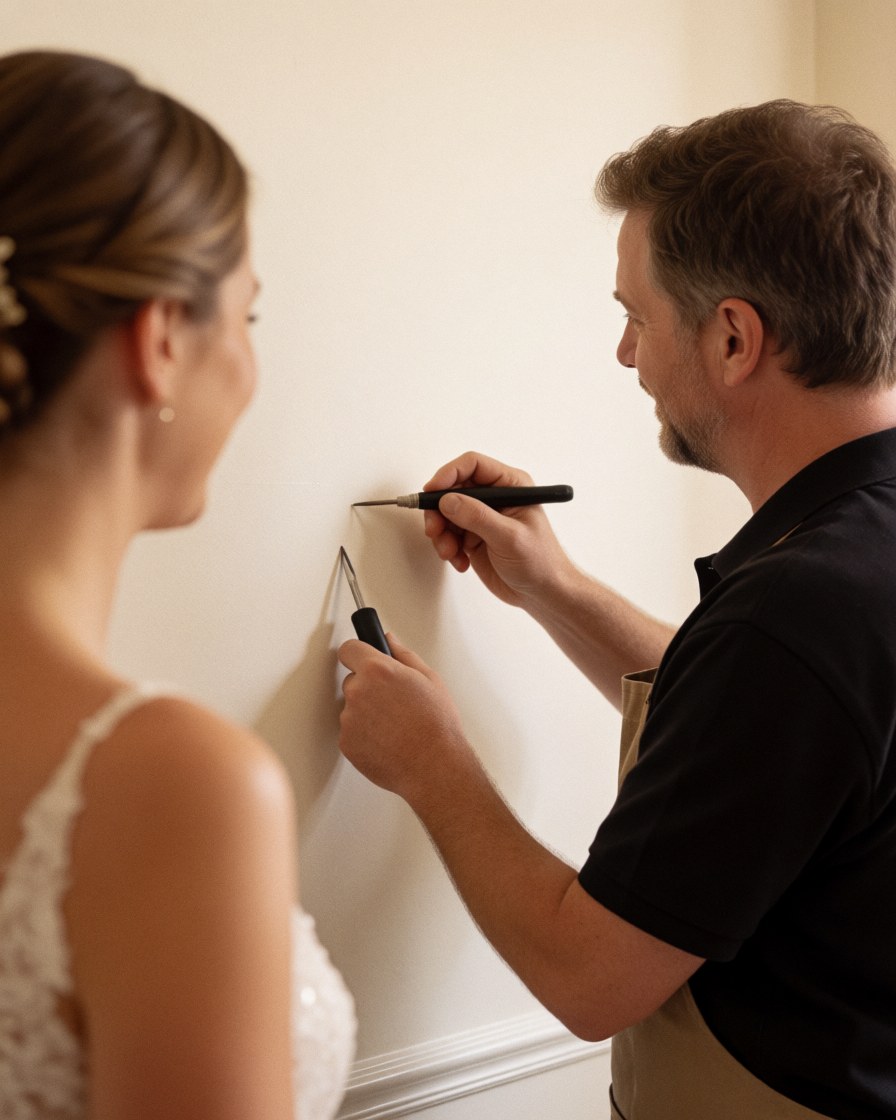 Une femme en robe de mariée observe une professionnelle qui travaille sur un mur avec des outils dans un environnement lumineux et chaleureux.