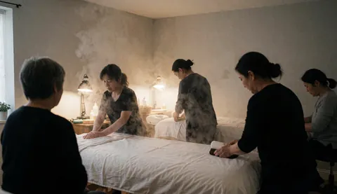 Cinq praticiens réalisent des massages avec des pierres chaudes sur une table émettant de la vapeur, dans une pièce aux murs gris et à l'éclairage tamisé.